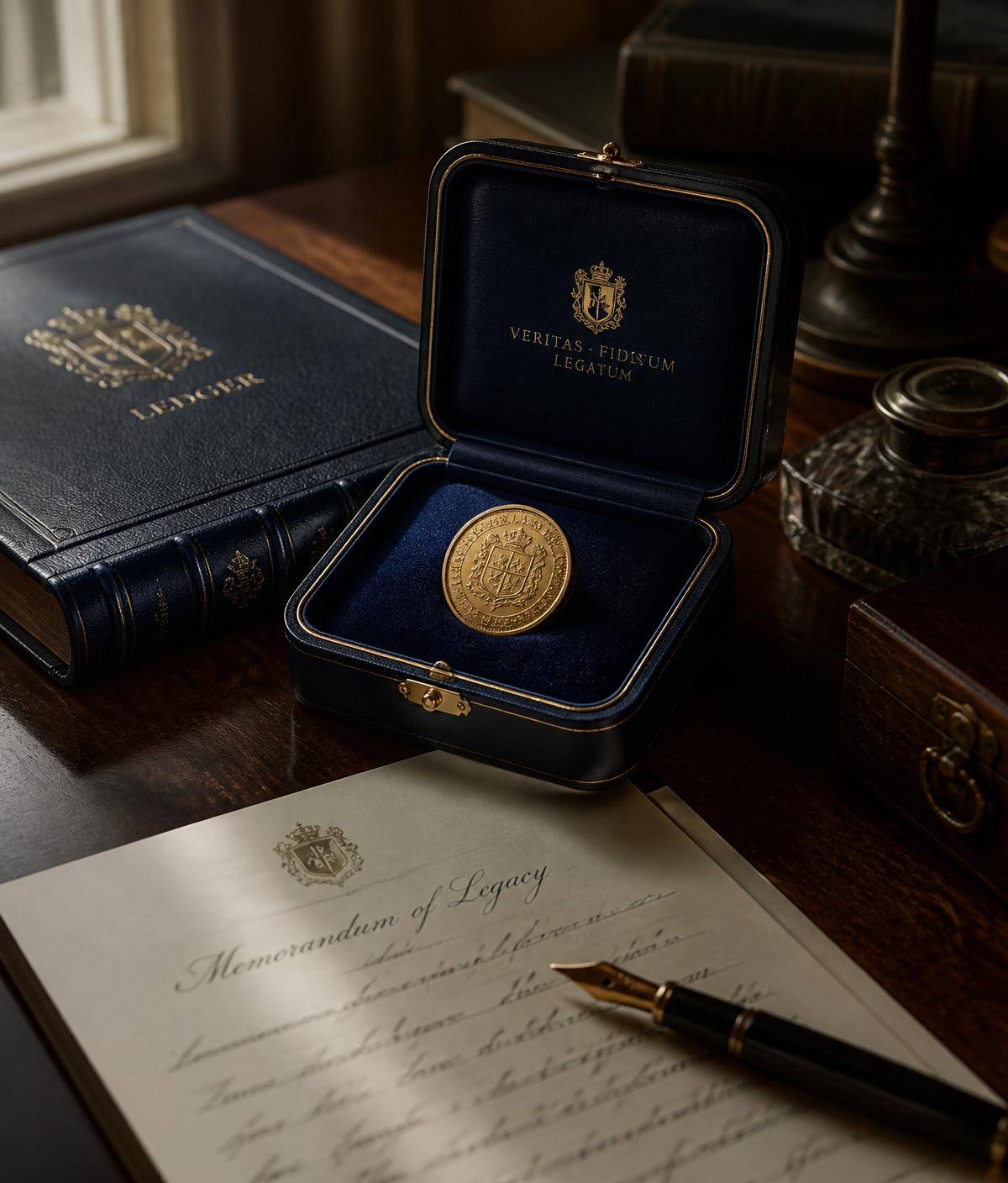 Heirloom gold coin in a leather presentation box beside a leather-bound ledger and handwritten legacy document