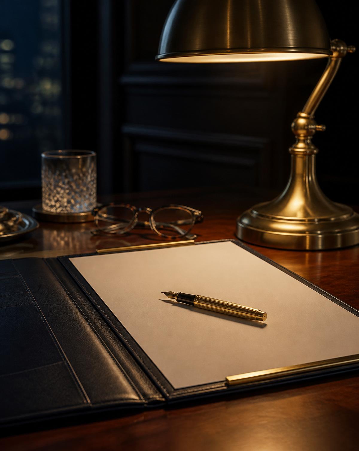 A quiet executive consultation environment — walnut desk, leather and brass