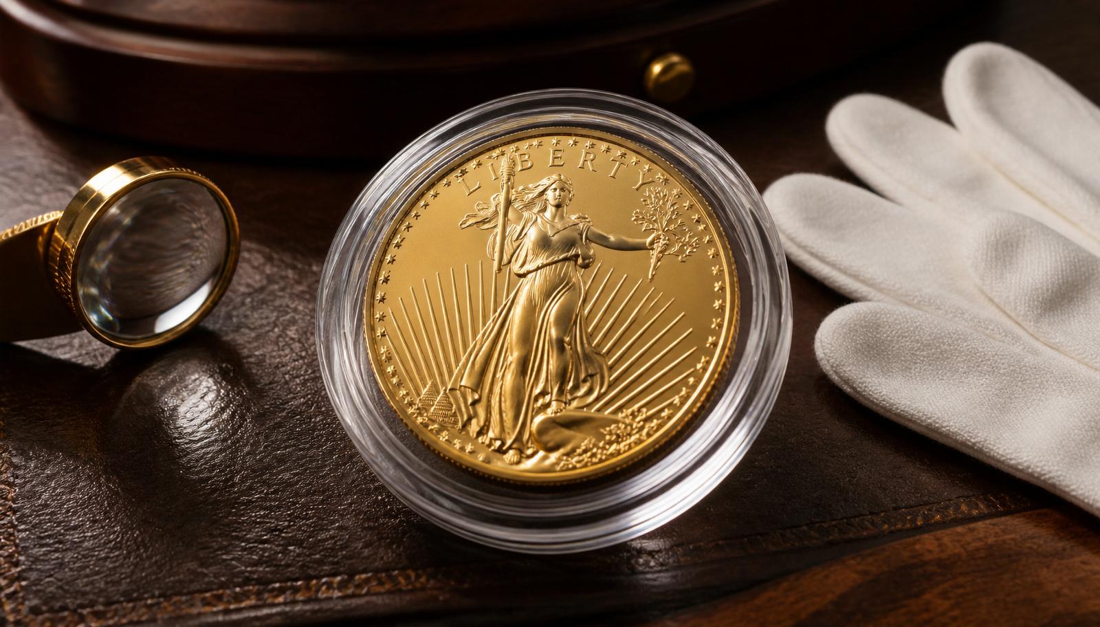 Investment-grade American Gold Eagle in a numismatic capsule beside a loupe and archival gloves