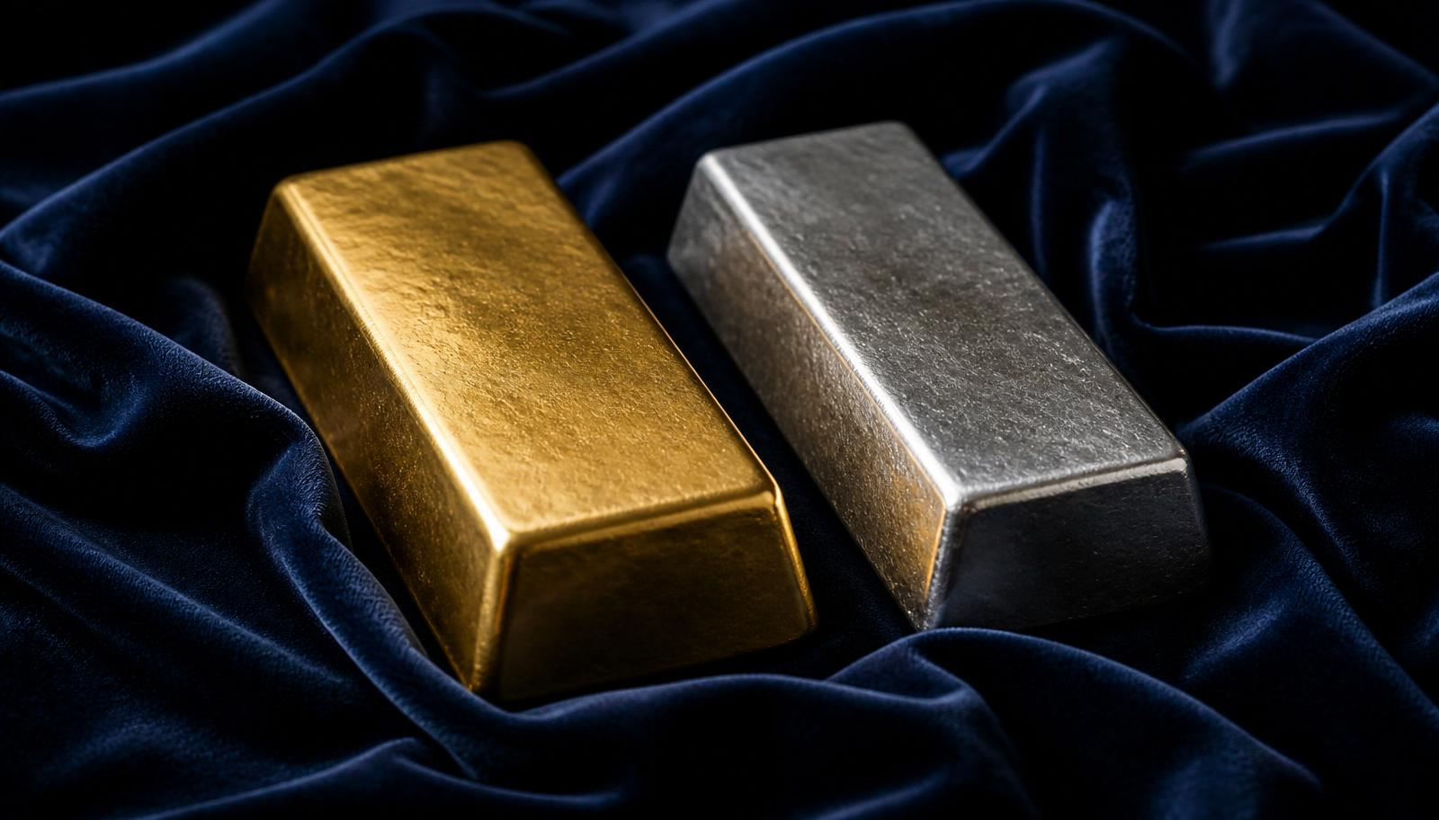 Gold bar and silver bar resting side by side on deep navy velvet
