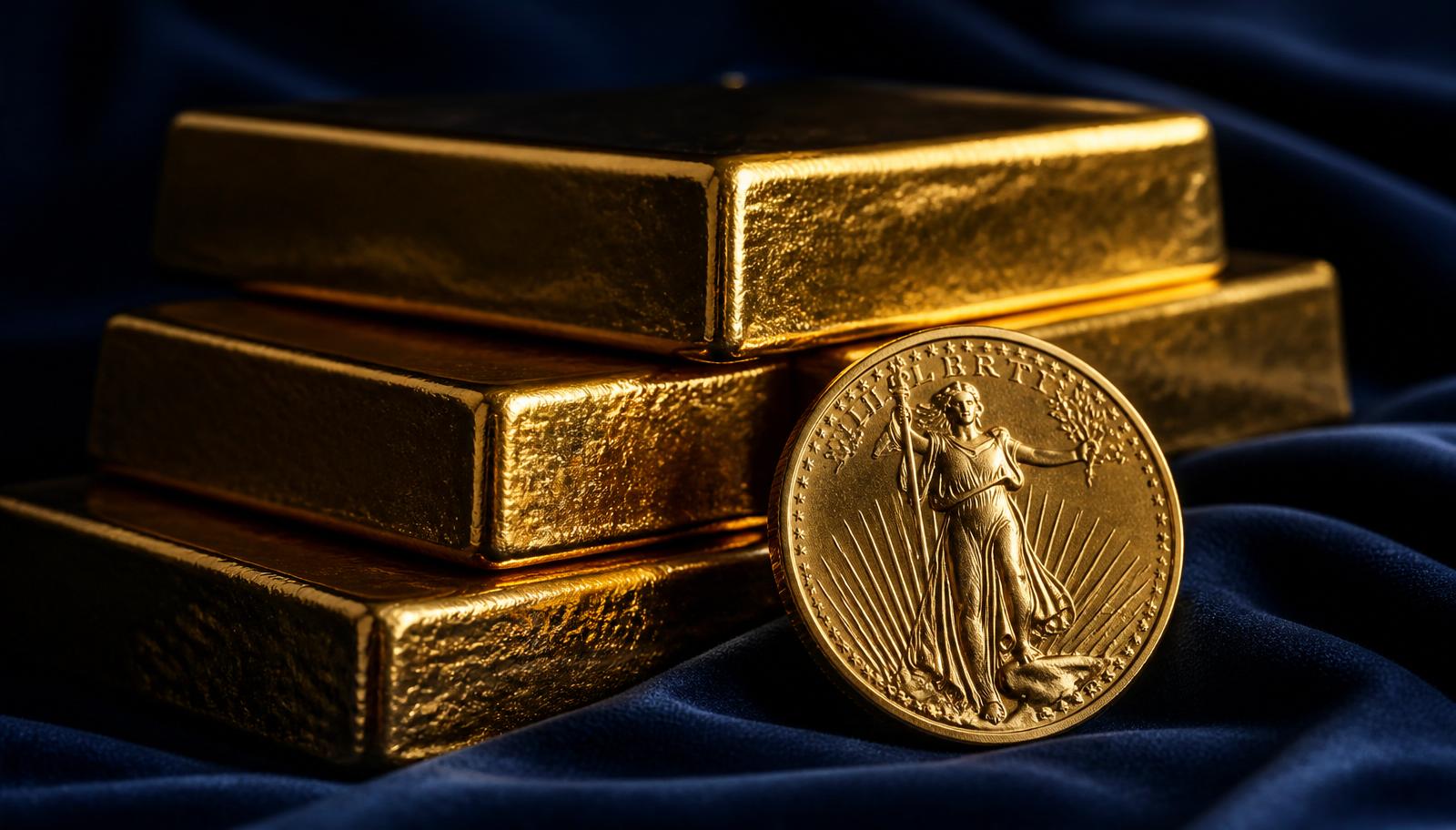 Stacked gold bullion bars beside an American Gold Eagle coin on midnight navy fabric