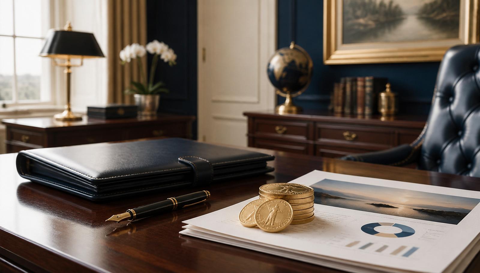 Leather portfolio and Gold Eagle coins on a walnut executive desk in a private wealth office