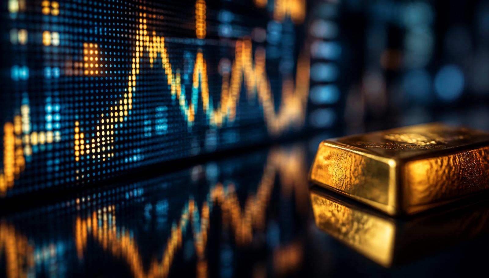 Illuminated market data chart reflecting beside a single gold bar