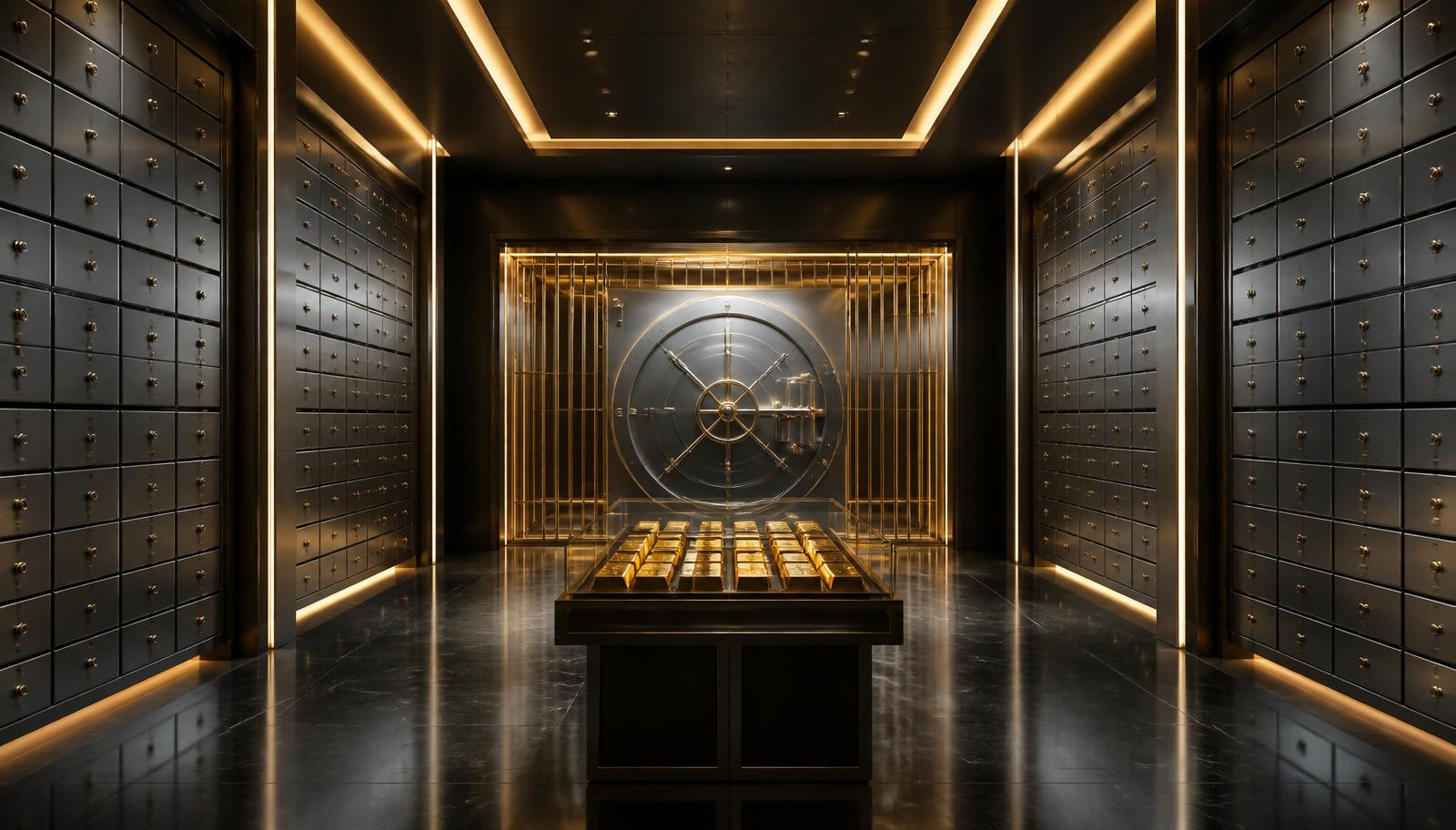 Interior of a high-security private bullion vault with brass safe deposit boxes