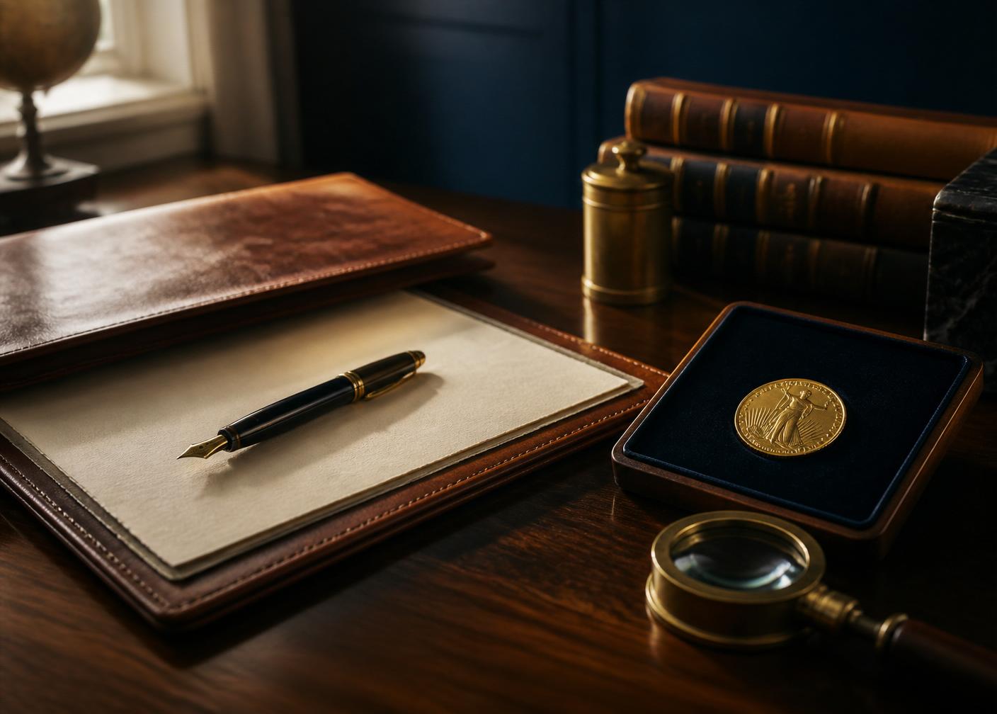 Walnut consultation desk with a leather portfolio, fountain pen, brass loupe and a single American Gold Eagle in a velvet-lined tray