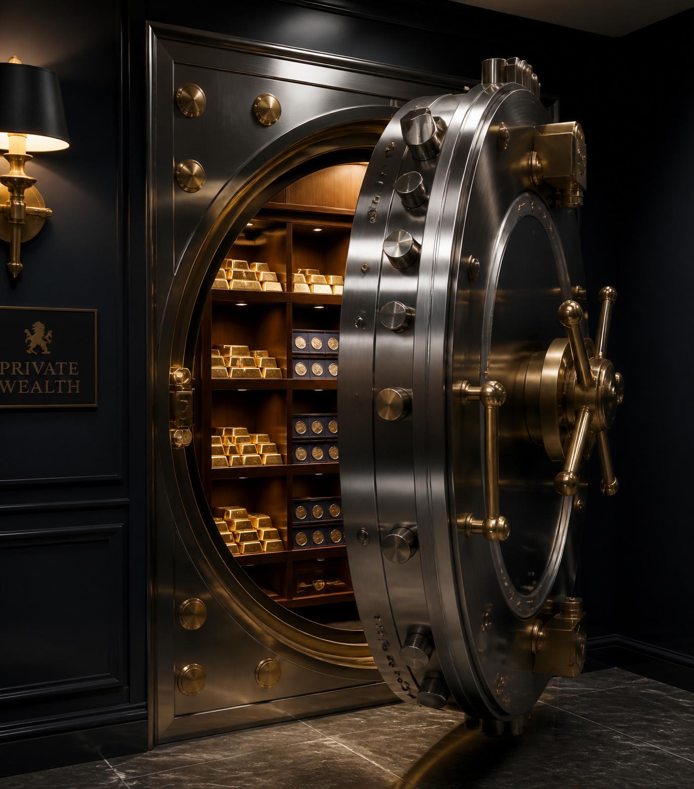 Secure private-wealth vault interior with brass hardware, warm interior lighting and bullion held on walnut shelves